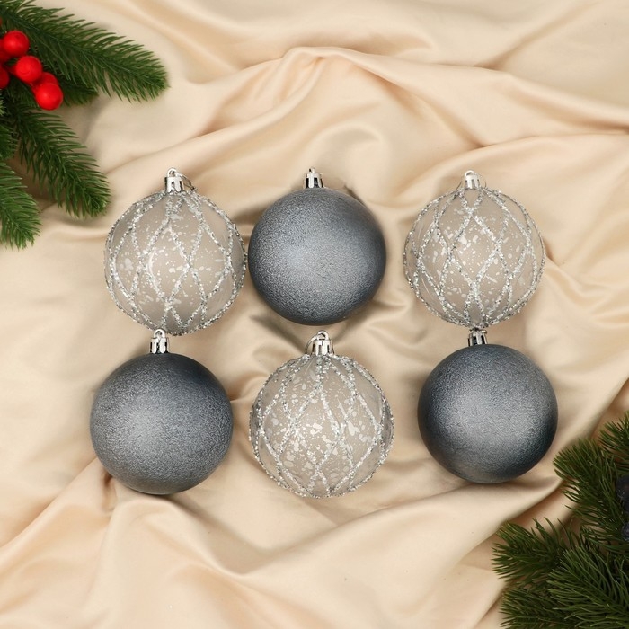 Набор шаров пластик d-8 см, 6 шт Набор шаров пластик d-8 см, 6 шт "Блеск полос" синий серебро