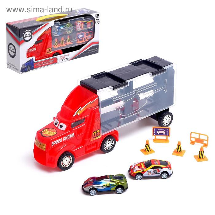 Гараж детский «Грузовик «Перевозчик», 2 металлические машинки и дорожные знаки, МИКС Гараж детский «Грузовик «Перевозчик», 2 металлические машинки и дорожные знаки, МИКС