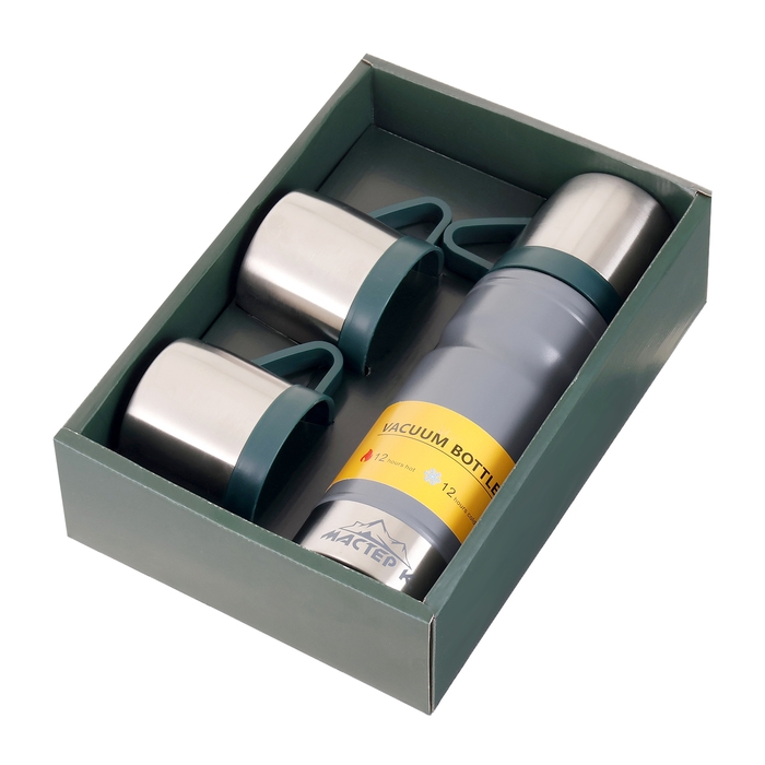 Набор "Мастер К": термос 680 мл и 3 кружки, сохраняет тепло 12 ч, серый