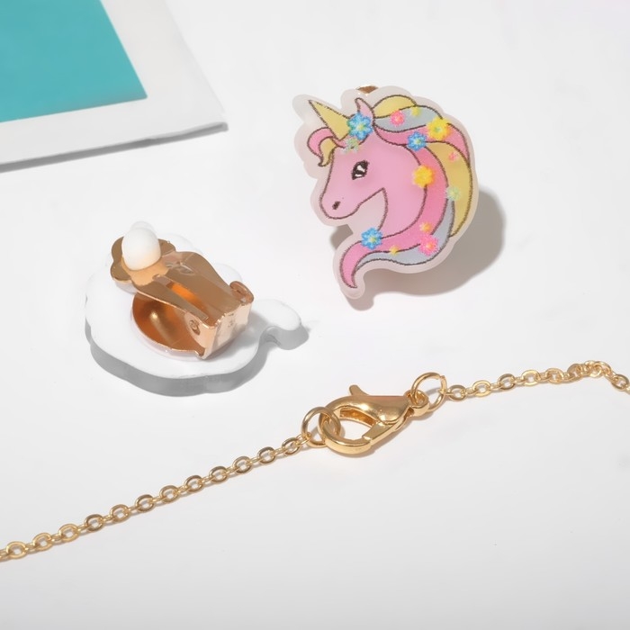 Набор детский «Выбражулька» 3 предмета: клипсы, браслет, кольцо, единорог, цветной в золоте Набор детский «Выбражулька» 3 предмета: клипсы, браслет, кольцо, единорог, цветной в золоте