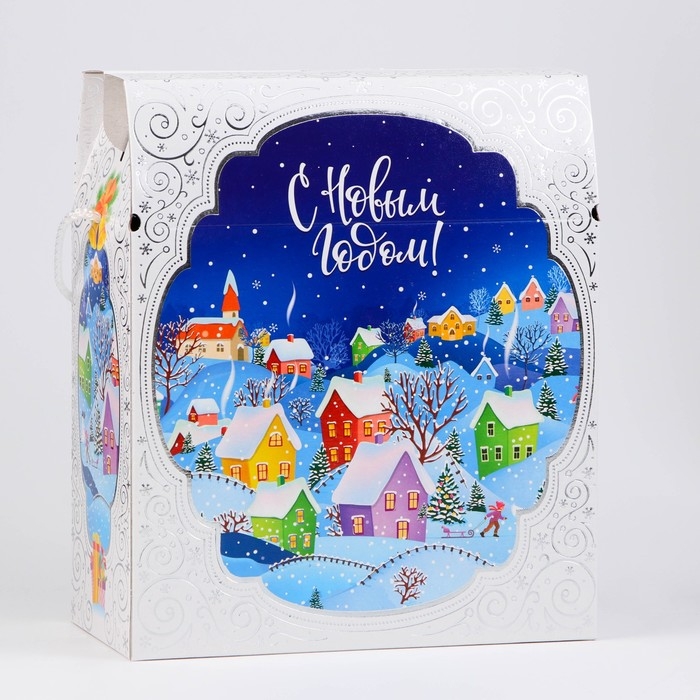 Новый год. Коробка подарочная новогодняя Новый год. Коробка подарочная новогодняя "Городок" 21,5 х 25,6 х 11 см.