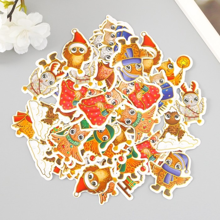 Наклейки для творчества Наклейки для творчества "Совушки новогодние" тиснение золото набор 48 шт 9х7х0,8 см