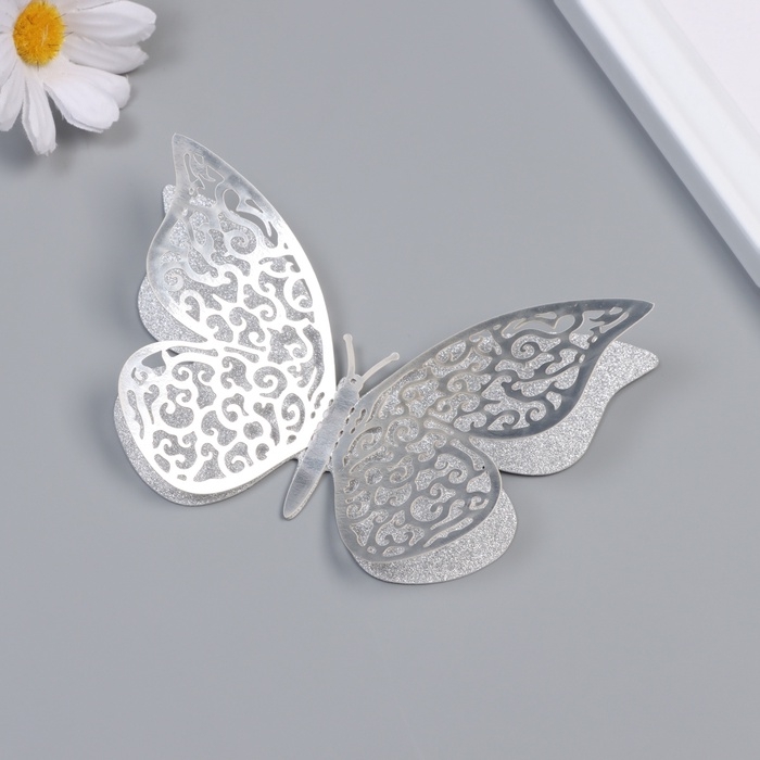 Наклейка бумага, пластик Наклейка бумага, пластик "Цветочные бабочки серебро" блёстки набор 12 шт 12 см, 10 см 8 см 1052426