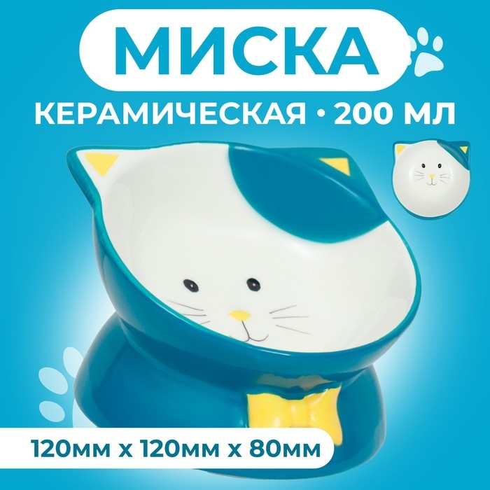 Миска керамическая  Миска керамическая "Киса" на подставке-лапках 200 мл  13 х 12 х 8 см, голубая