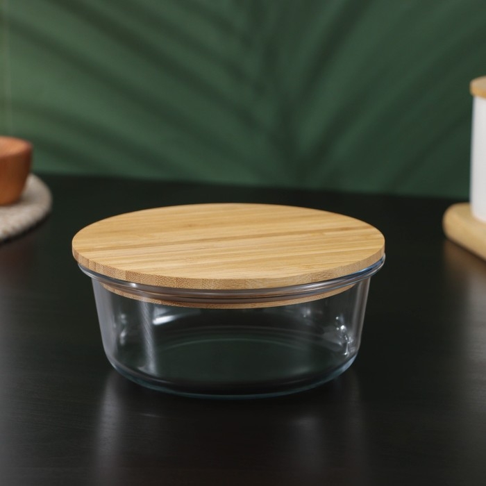Контейнер для еды из жаропрочного стекла с бамбуковой крышкой BellaTenero «Эко», 620 мл, 15×6,5 см