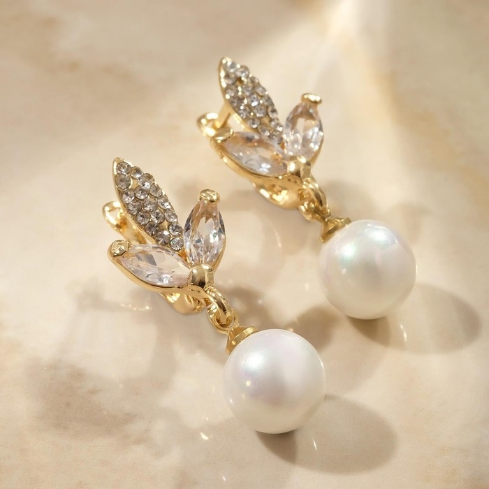 Серьги с жемчугом «Грейс» листья, цвет белый в золоте Серьги с жемчугом «Грейс» листья, цвет белый в золоте