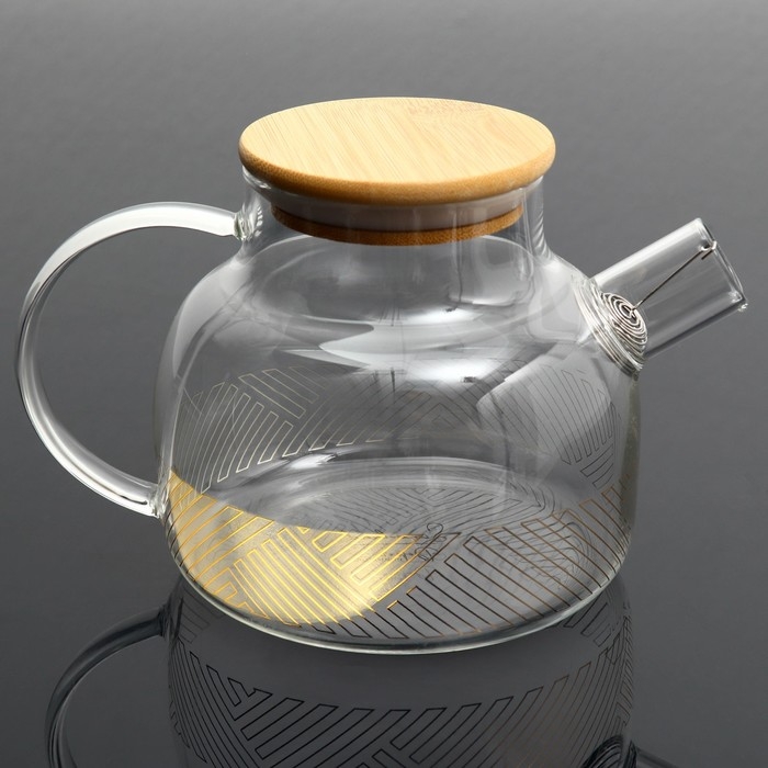 Чайник стеклянный заварочный с бамбуковой крышкой «Геометрия», 1000 мл Чайник стеклянный заварочный с бамбуковой крышкой «Геометрия», 1000 мл
