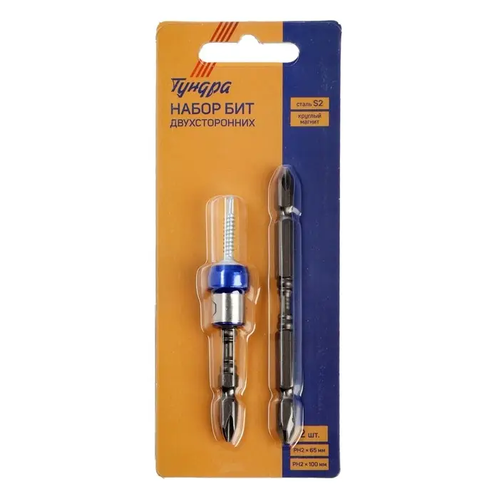 Набор бит ТУНДРА, сталь S2, круглый магнит, двухсторонняя, PH2&times;65 и 100 мм, 2 шт.