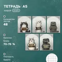 Тетрадь 5 штук, 48 листов в клетку Calligrata &laquo;Коты хулиганы&raquo;, серые листы, блок №2, 5 видов