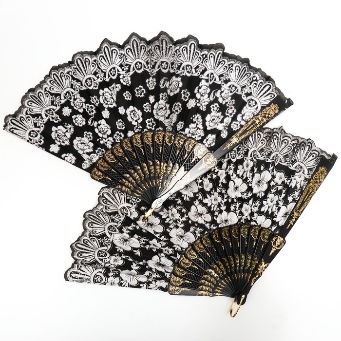 Веер пластик, текстиль  Веер пластик, текстиль "Россыпь цветов" с золотом МИКС 23 см