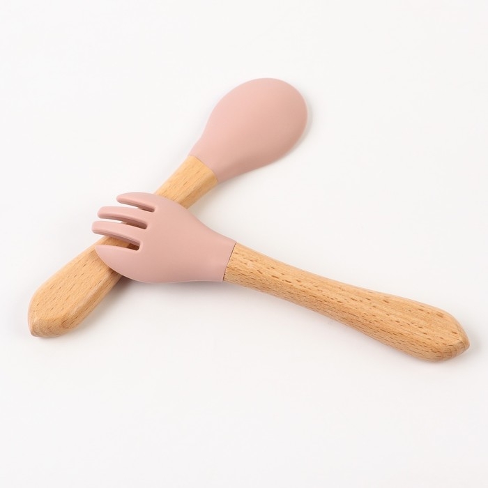 Набор детский столовых приборов, вилка и ложка M&B (силикон, бамбук), цвет пыльная роза Набор детский столовых приборов, вилка и ложка M&B (силикон, бамбук), цвет пыльная роза