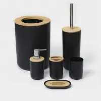 Аксессуары для ванной комнаты SAVANNA &laquo;Вуди&raquo;, 6 предметов, мыльница, дозатор, 2 стакана, ёршик, ведро, чёрные