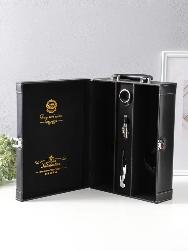 Шкатулка подарочная под 2 бутылки &laquo;Гладкая кожа&raquo; и набор 3 предмета, чёрная, 35&times;26.5&times;12 см