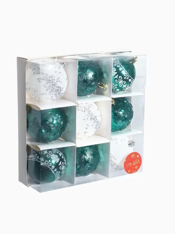 Ёлочные игрушки &laquo;Джейн - узоры звёзды&raquo;, d=8 см, набор 9 шт., зелёно-белый