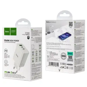 Переходник сетевого зарядного устройства на 2 Type-C PD40W + USB QC3.0 C126A HOCO белый