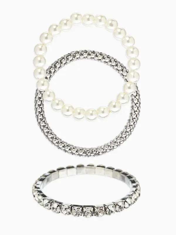 Браслет "Стиль" (набор 3шт) шар №8, со стразинками, тянется, цвет белый в серебре