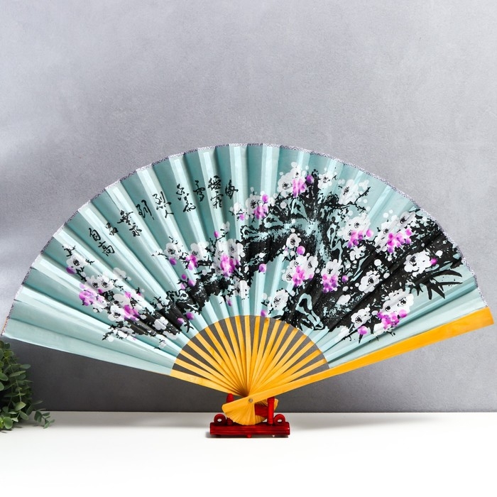 Веер бамбук, текстиль h=50 см  Веер бамбук, текстиль h=50 см "Сакура" голубой