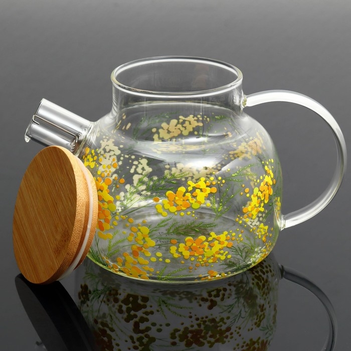 Чайник стеклянный заварочный с бамбуковой крышкой «Нежная мимоза», 1000 мл Чайник стеклянный заварочный с бамбуковой крышкой «Нежная мимоза», 1000 мл