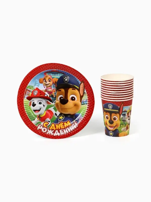 Посуда одноразовая бумажная &laquo;Щенячий патруль&raquo;, на 10 персон, стаканы, тарелки, скатерть, МИКС