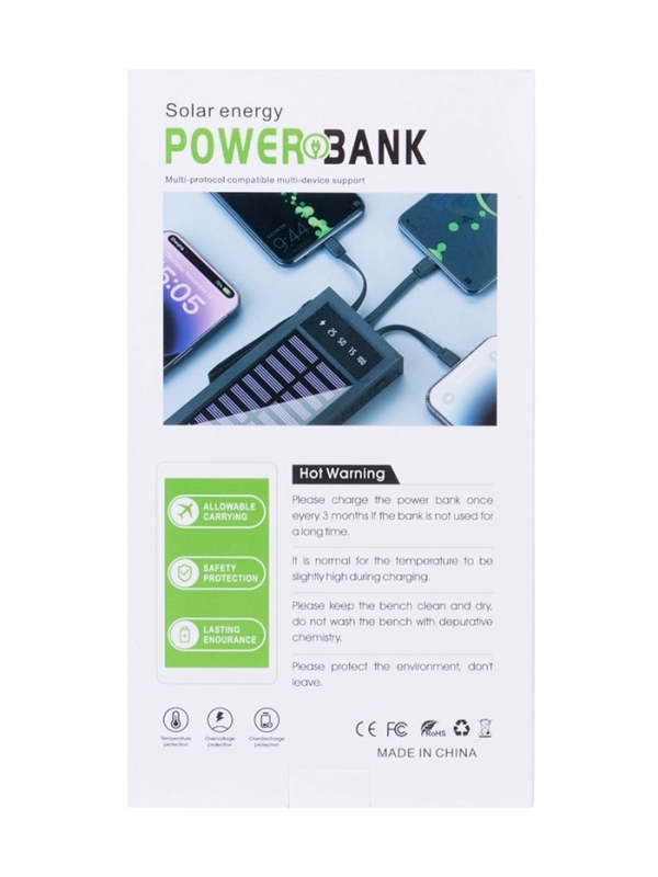 Внешний аккумулятор 10000 мАч, 10 W, 2 USB, Type-C, фонарик, солнечная панель, чёрный