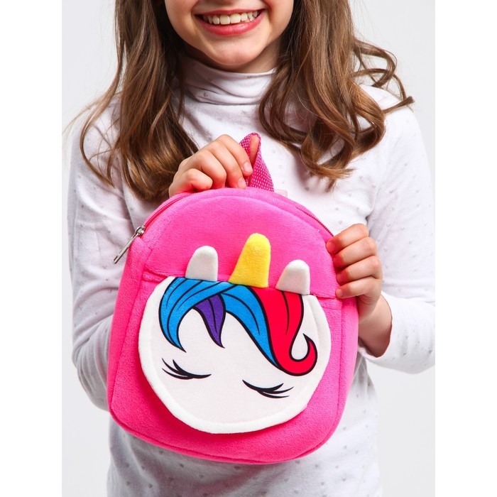 Рюкзак детский для девочки,плюшевый на молнии, с карманом, розовый, 19х22 см "Единорог", Минни Маус