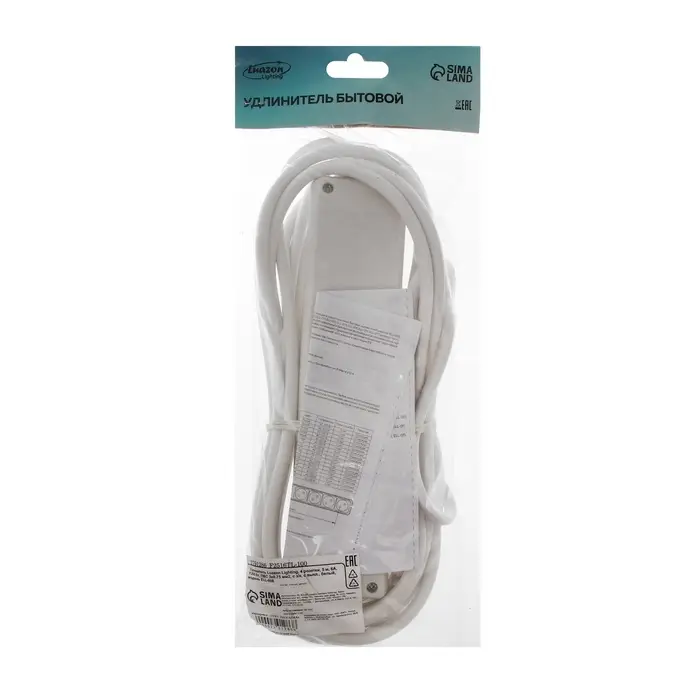 Удлинитель Luazon Lighting, 4 розетки, 5 м, 6 А, 1300 Вт, 3&times;0.75 мм2, с заземлением, с выключателем, белый