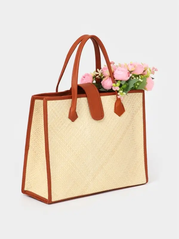 Сумка плетёная на застёжке из пандана, 41&times;16&times;50 см, бежево-коричневая