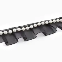 Рюш капроновый, с бусинами, 30 мм, 4.5&plusmn;0.5 м, чёрный/белый