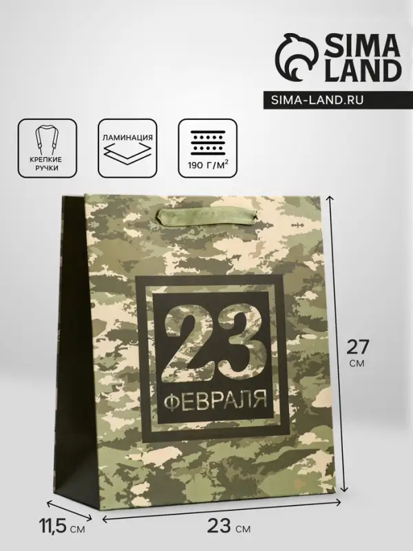 Пакет подарочный вертикальный &laquo;23 февраля&raquo;, ML 23&times;27&times;11.5 см