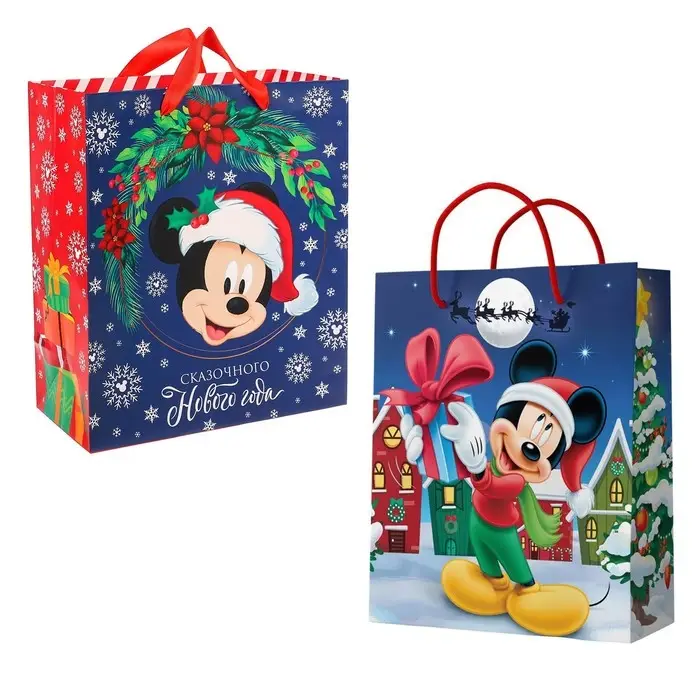 Пакет подарочный новогодний, 18х23х11.5 см, упаковка, Микки Маус МИКС