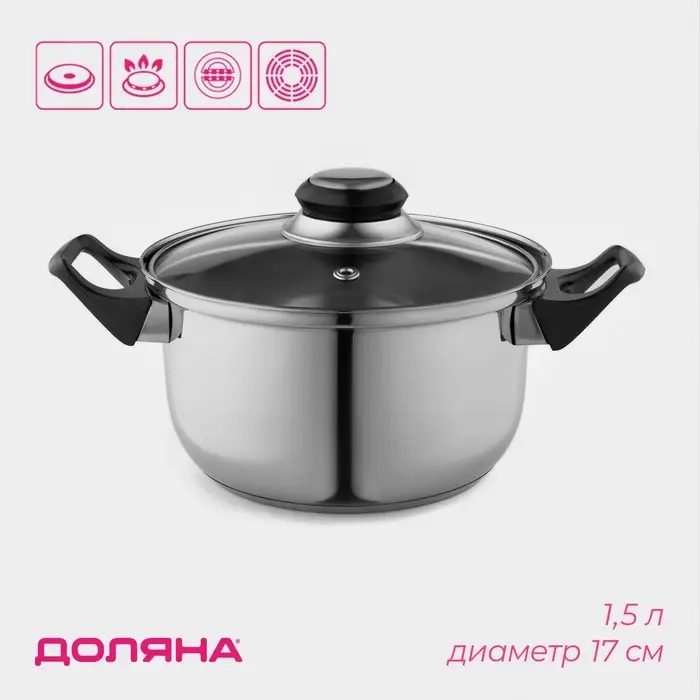 Кастрюля Доляна &laquo;Чёрная ночь&raquo;, 1.5 л, с крышкой, капсульное дно, нержавеющая сталь