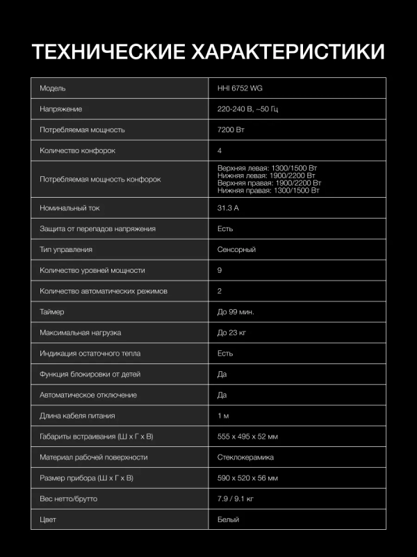 Индукционная варочная поверхность HHI 6752 WG Индукционная варочная поверхность HHI 6752 WG
