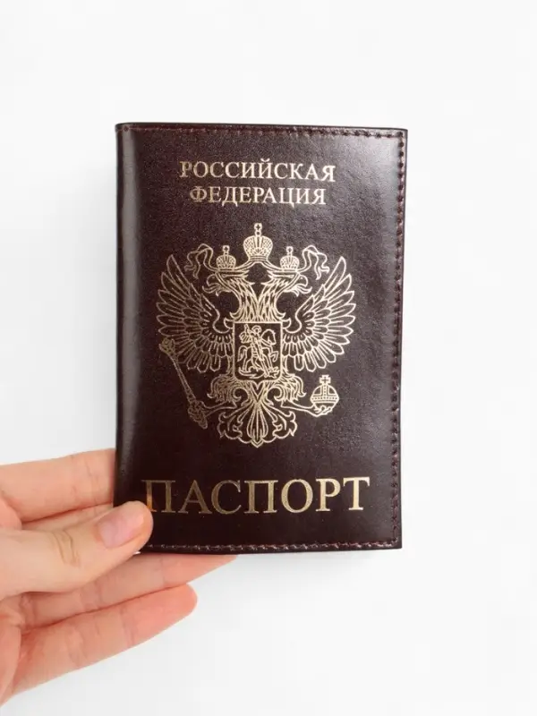 Обложка для паспорта, с гербом, с тиснением фольгой, гладкая, коричневая