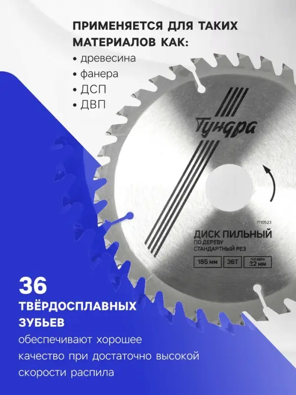 Диск пильный по дереву ТУНДРА, стандартный рез, 185&times;32 мм (кольца на 22.20.16), 36 зубьев