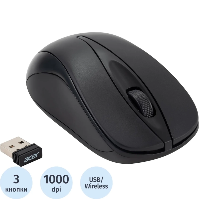 Мышь компьютерная Acer OMR131 черн. оптичес. (1000dpi) беспровод,USB (2but)