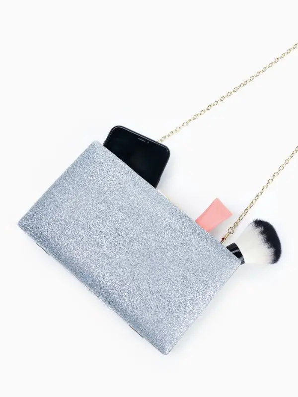 Сумка-клатч женская вечерняя на фермуаре, жёсткий корпус, на цепочке, блестящая, серебристая