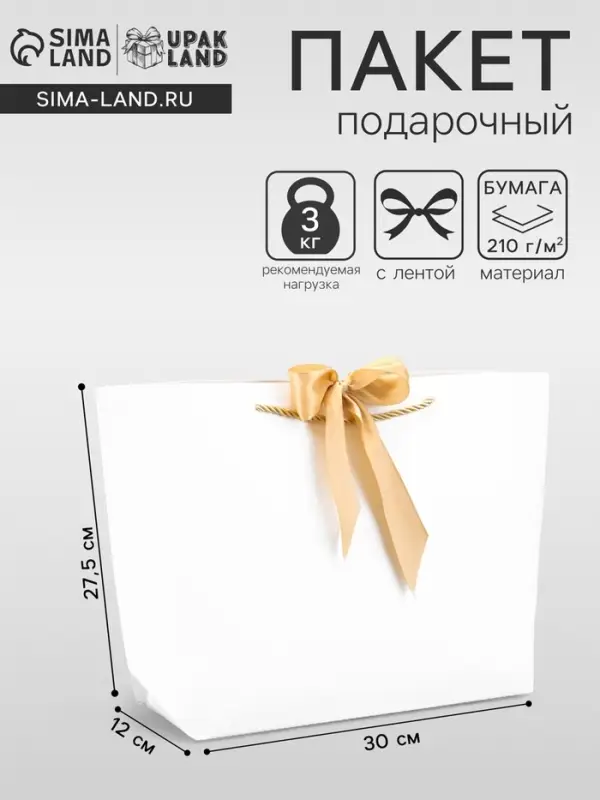 Пакет подарочный ламинированный, с лентой &laquo;Белый&raquo;, горизонтальный, 30&times;27.5&times;12 см