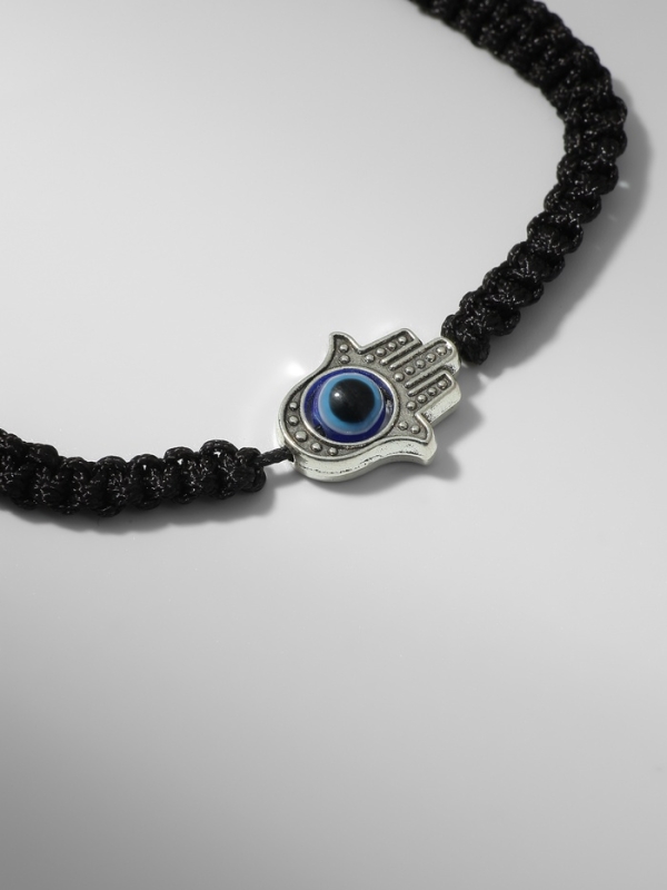 Браслет-оберег «Детский на нити» глазик в плетении, цвет синий в чернёном серебре, d=4 см