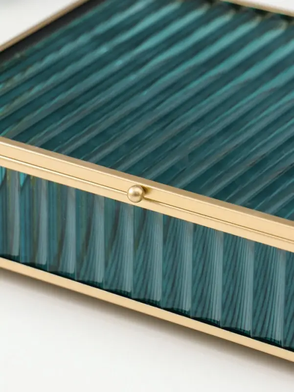 Шкатулка стекло с металлическим каркасом  "Линии" голубая 17х21,5х6,5 см