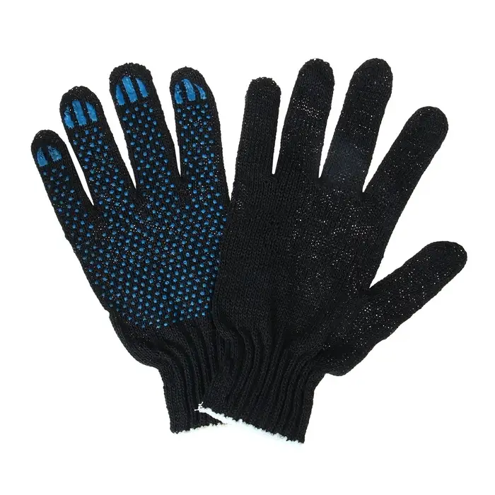 Перчатки садовые, хб, вязка 7 класс, 3 нити, размер 9, с ПВХ точками, чёрные Перчатки садовые, хб, вязка 7 класс, 3 нити, размер 9, с ПВХ точками, чёрные