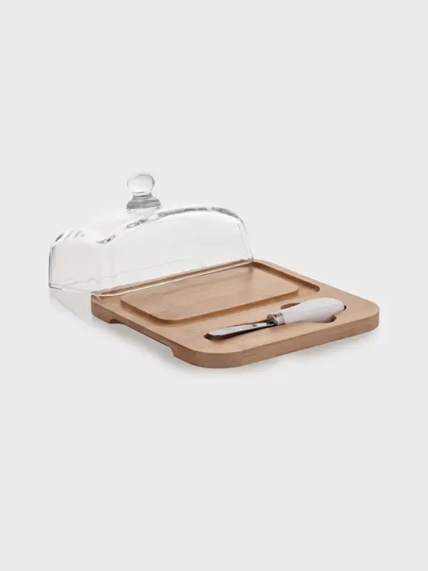 Маслёнка, 19&times;18&times;9.5 см, с ножом, на бамбуковой подставке, стекло, прозрачная