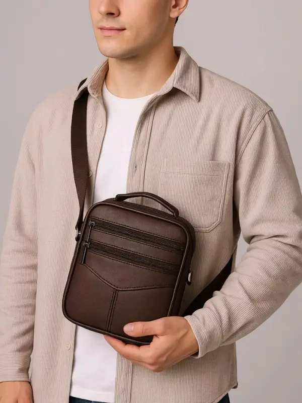 Сумка кросс-боди мужская на молнии, с ручкой, 3 наружных кармана, 17&times;5.5&times;20 см, коричневая