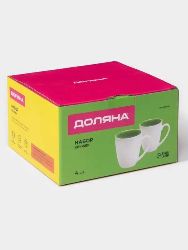 Кружки Доляна &laquo;Палитра&raquo;, 350 мл, набор 4 шт., фарфор, белые, зелёные