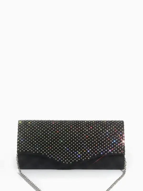 Сумка-клатч женская вечерняя на магните, на цепочке, комбинированная, со стразами, чёрная