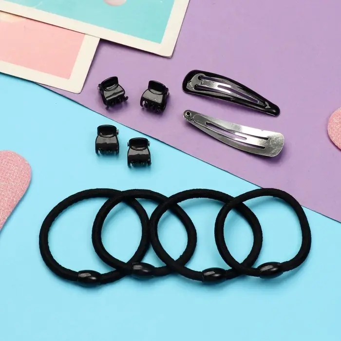 Набор для волос QF &laquo;Совершенство&raquo;, 4 невидимки, 4 краба, 12 резинок, чёрный