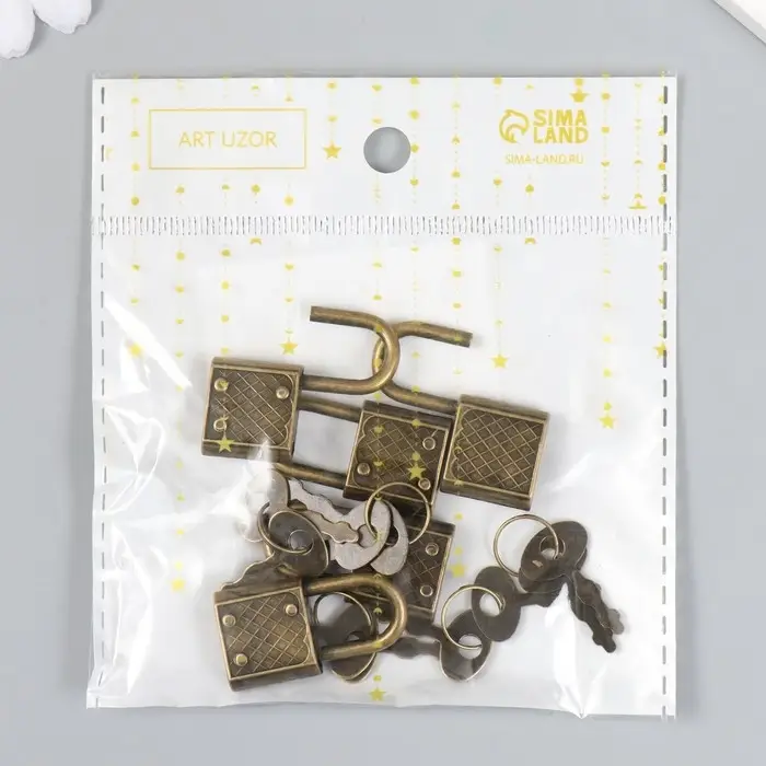 Замочек с ключиком для шкатулки, металл, набор 5 шт., бронза, 3.1&times;1.7 см