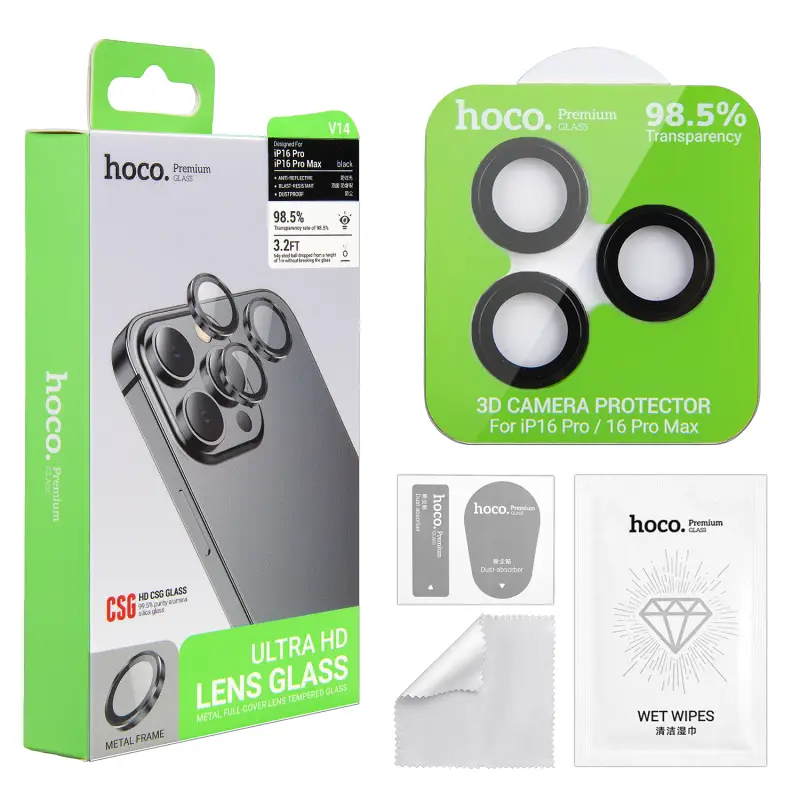 Защитное стекло на линзы камеры iPhone 16 Pro/16 Pro Max V14 3D Hoco Black Защитное стекло на линзы камеры iPhone 16 Pro/16 Pro Max V14 3D Hoco Black