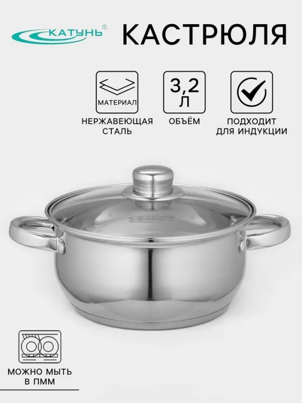 Кастрюля Катунь &laquo;Гретта&raquo;, 3.2 л, d=20 см, с крышкой, капсульное дно, индукция, нержавеющая сталь, AISI - 201, хромированная