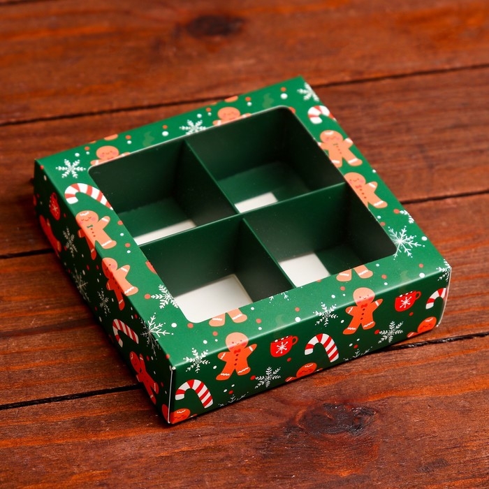 Новый год. Коробка под 4 конфеты, 12,6 х 12,6 х 3,5 Новый год. Коробка под 4 конфеты, 12,6 х 12,6 х 3,5 "Имбирный пряник" , кондитерская упаковка