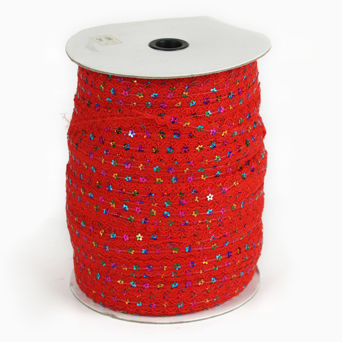 Тесьма гипюровая красная с пайетками, 1,3 см, в бобине 548 м Тесьма гипюровая красная с пайетками, 1,3 см, в бобине 548 м